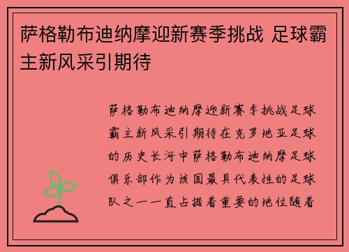 萨格勒布迪纳摩迎新赛季挑战 足球霸主新风采引期待