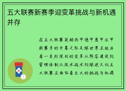 五大联赛新赛季迎变革挑战与新机遇并存
